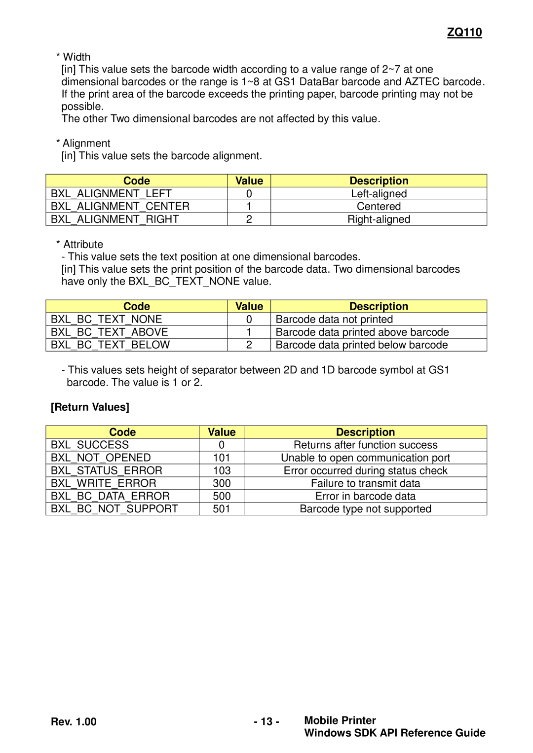 Zebra Technologies ZQ110 manual Bxlalignmentleft 