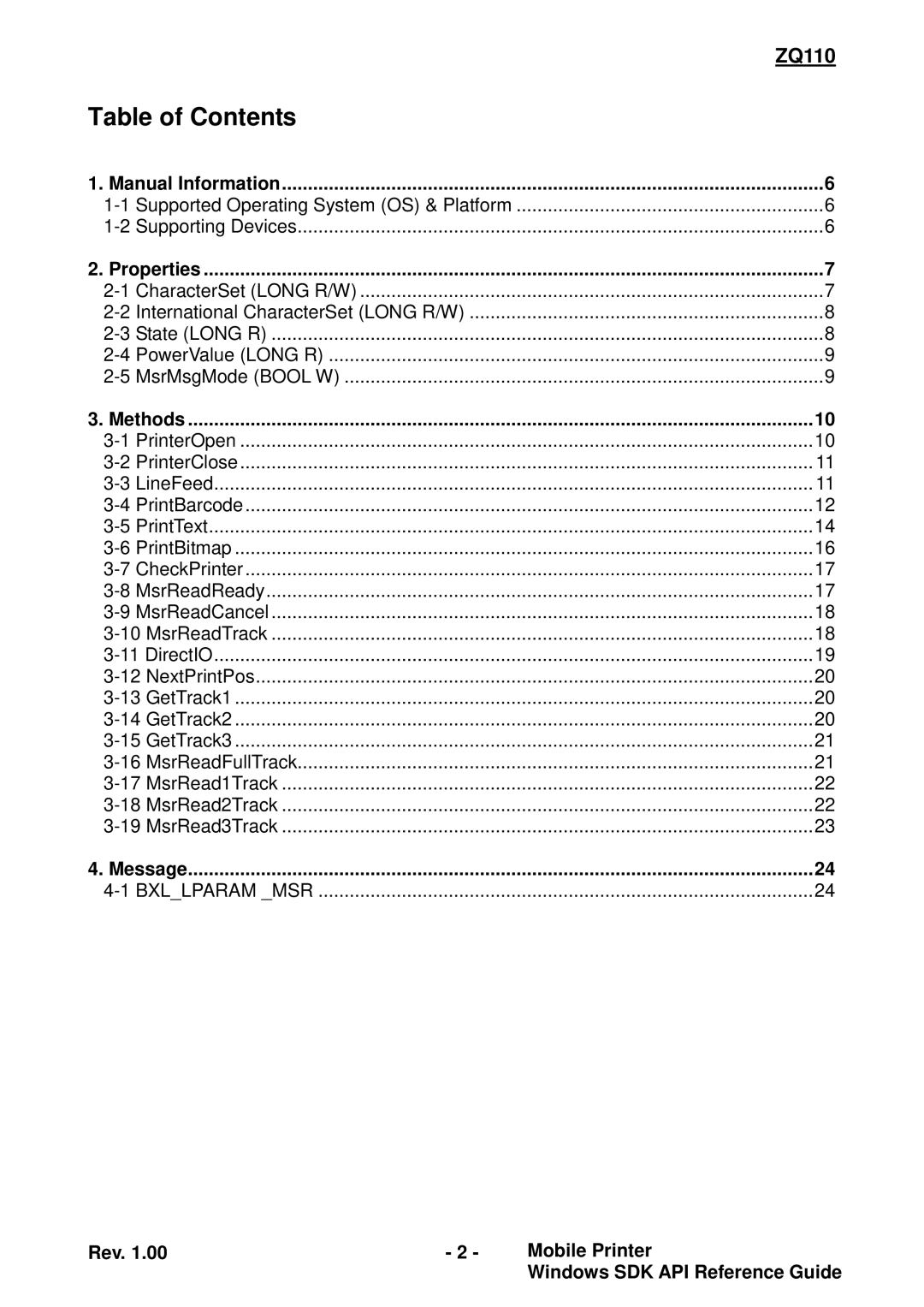 Zebra Technologies ZQ110 manual Table of Contents 