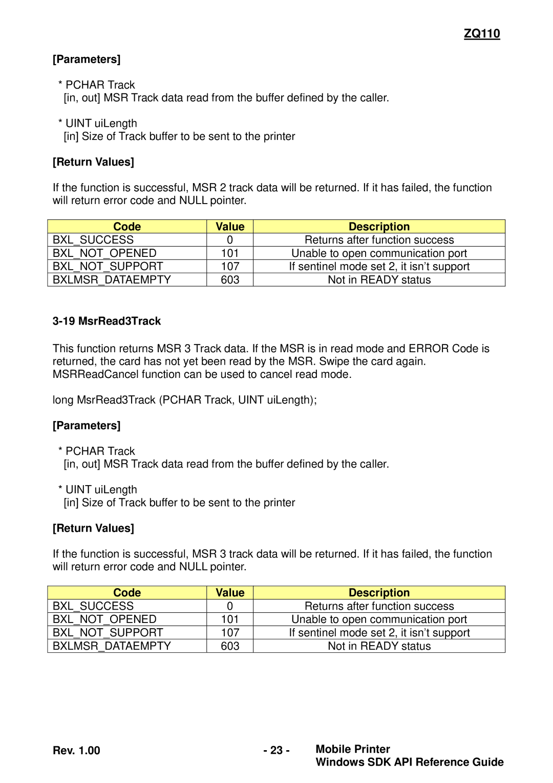 Zebra Technologies ZQ110 manual MsrRead3Track 