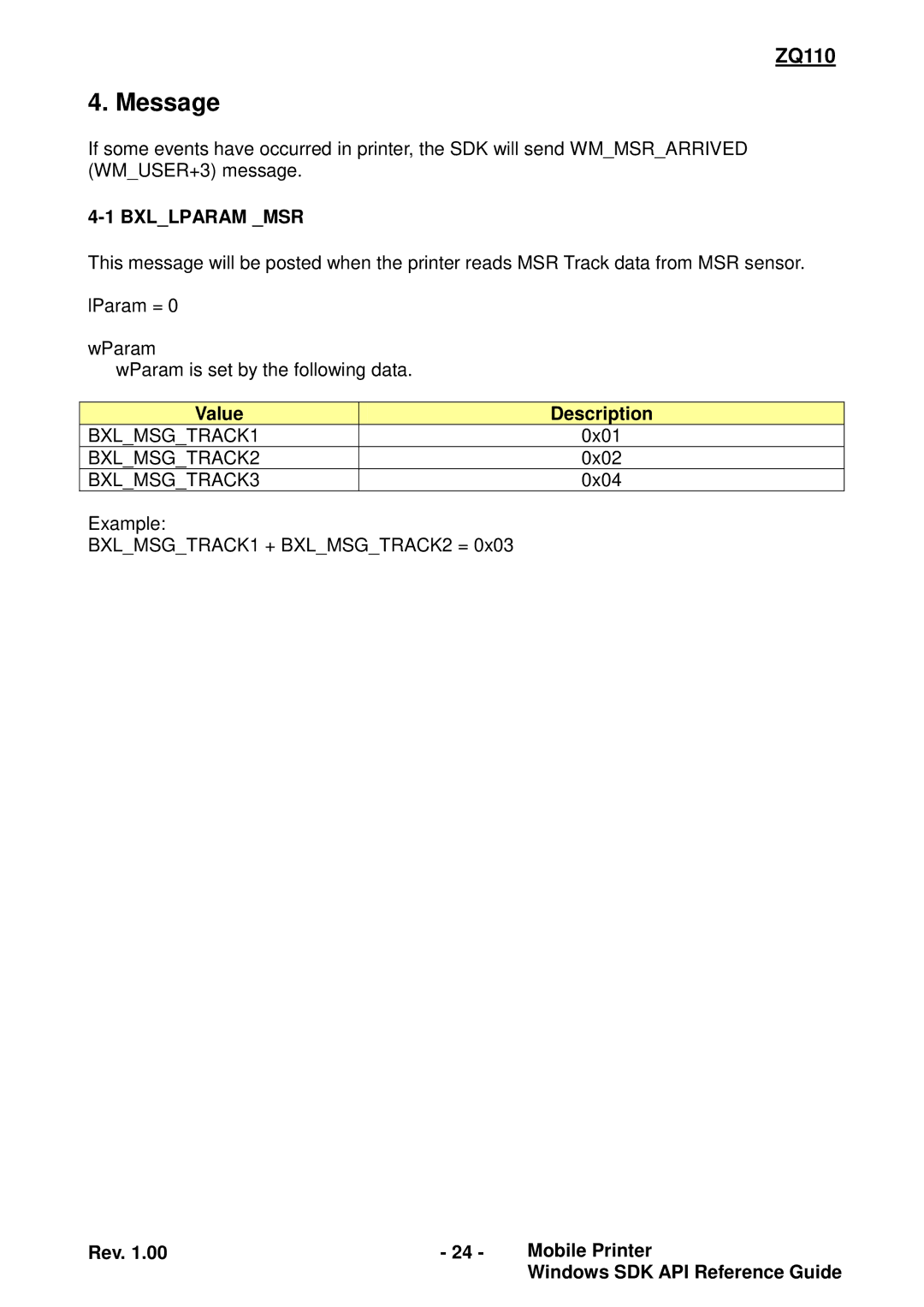 Zebra Technologies ZQ110 manual Message, Value Description 