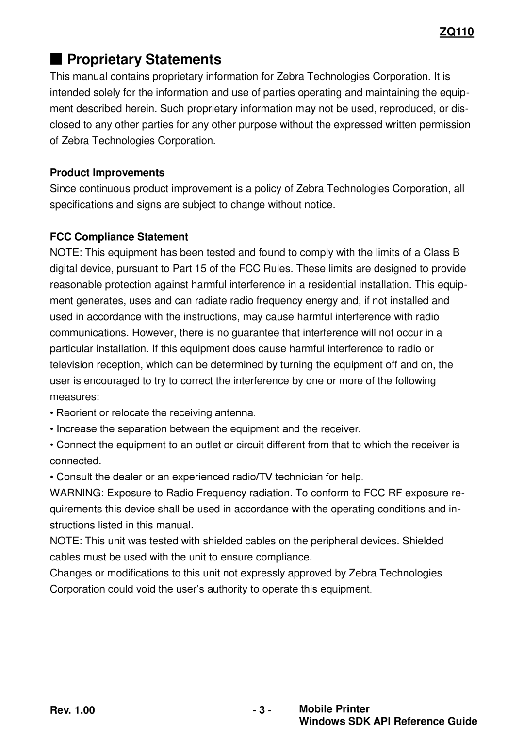 Zebra Technologies ZQ110 manual Proprietary Statements, Product Improvements, FCC Compliance Statement 