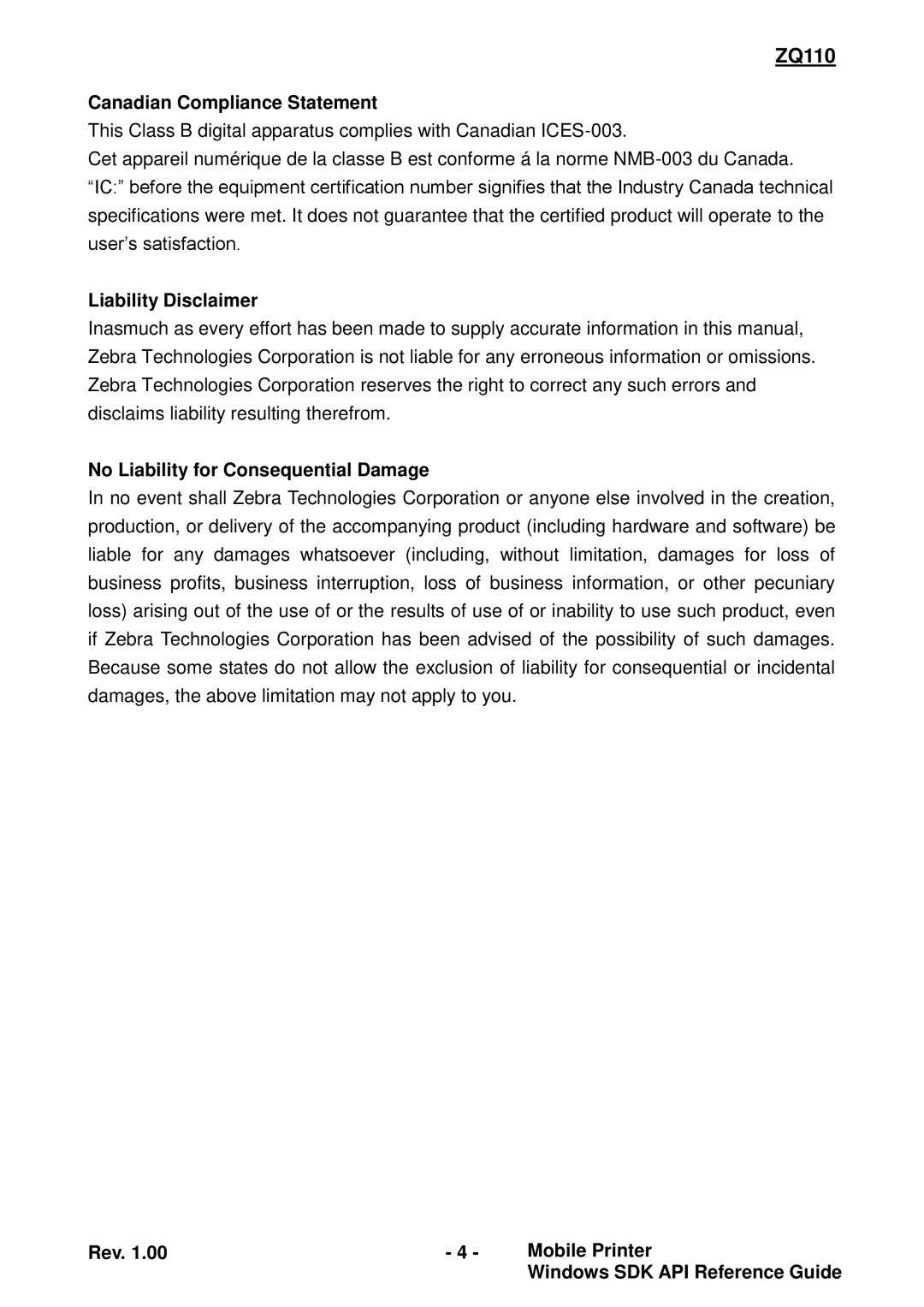 Zebra Technologies ZQ110 manual Canadian Compliance Statement, Liability Disclaimer, No Liability for Consequential Damage 