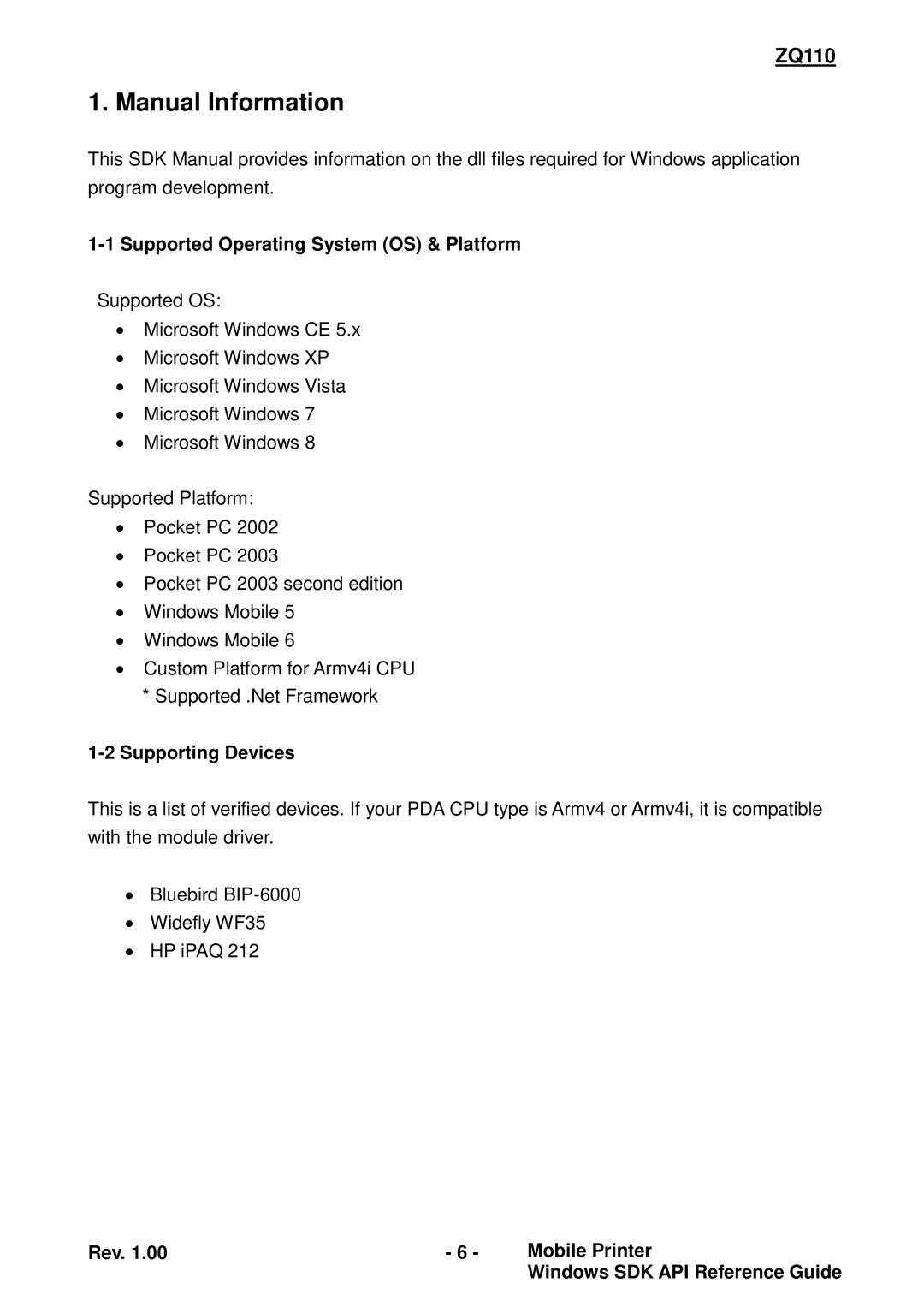 Zebra Technologies ZQ110 manual Manual Information, Supported Operating System OS & Platform, Supporting Devices 