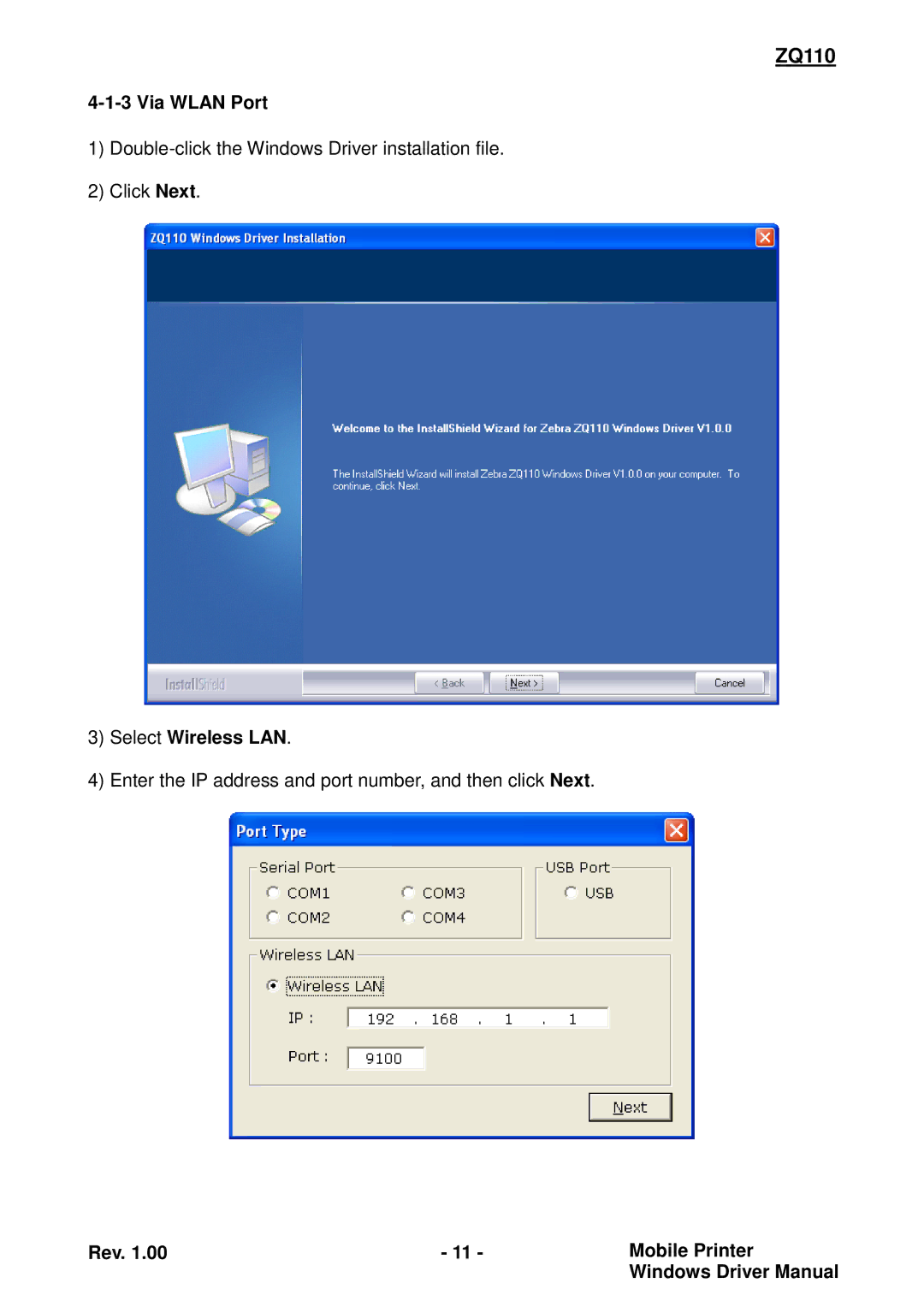 Zebra Technologies ZQ110 manual Via Wlan Port, Select Wireless LAN 