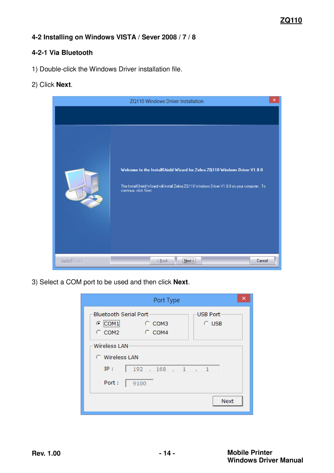 Zebra Technologies ZQ110 manual Installing on Windows Vista / Sever 2008 / 7 Via Bluetooth 