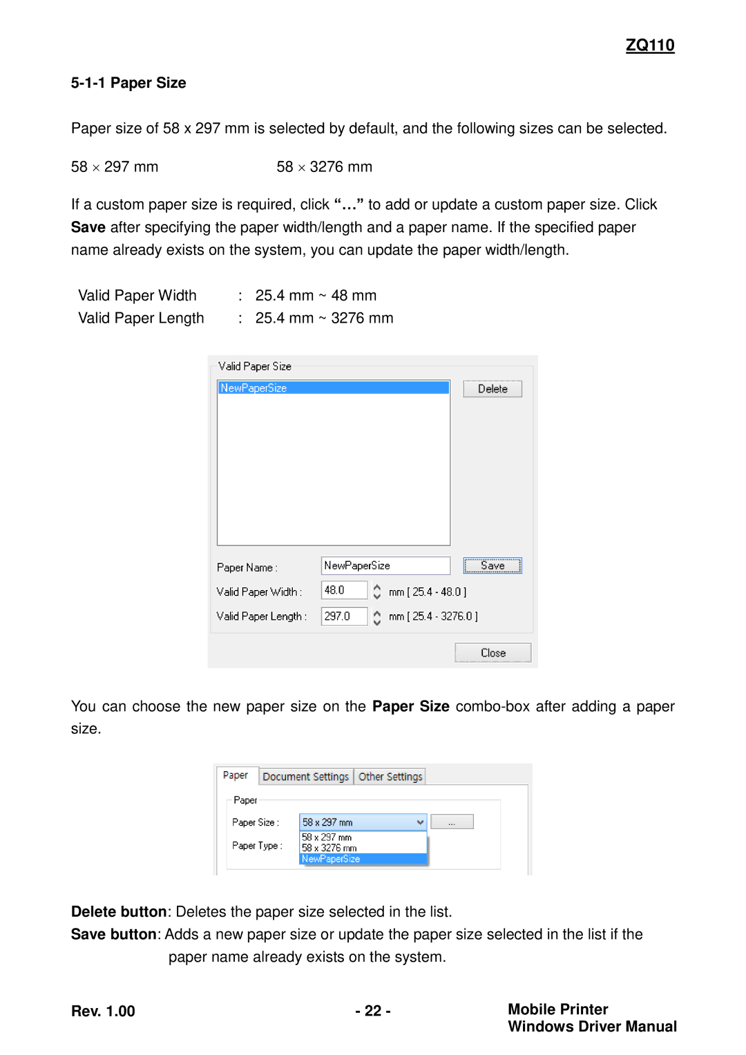 Zebra Technologies ZQ110 manual Paper Size 