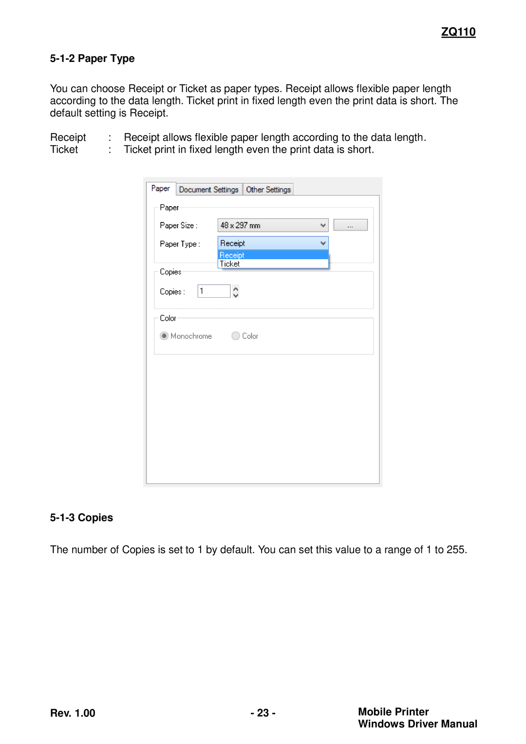 Zebra Technologies ZQ110 manual Paper Type, Copies 