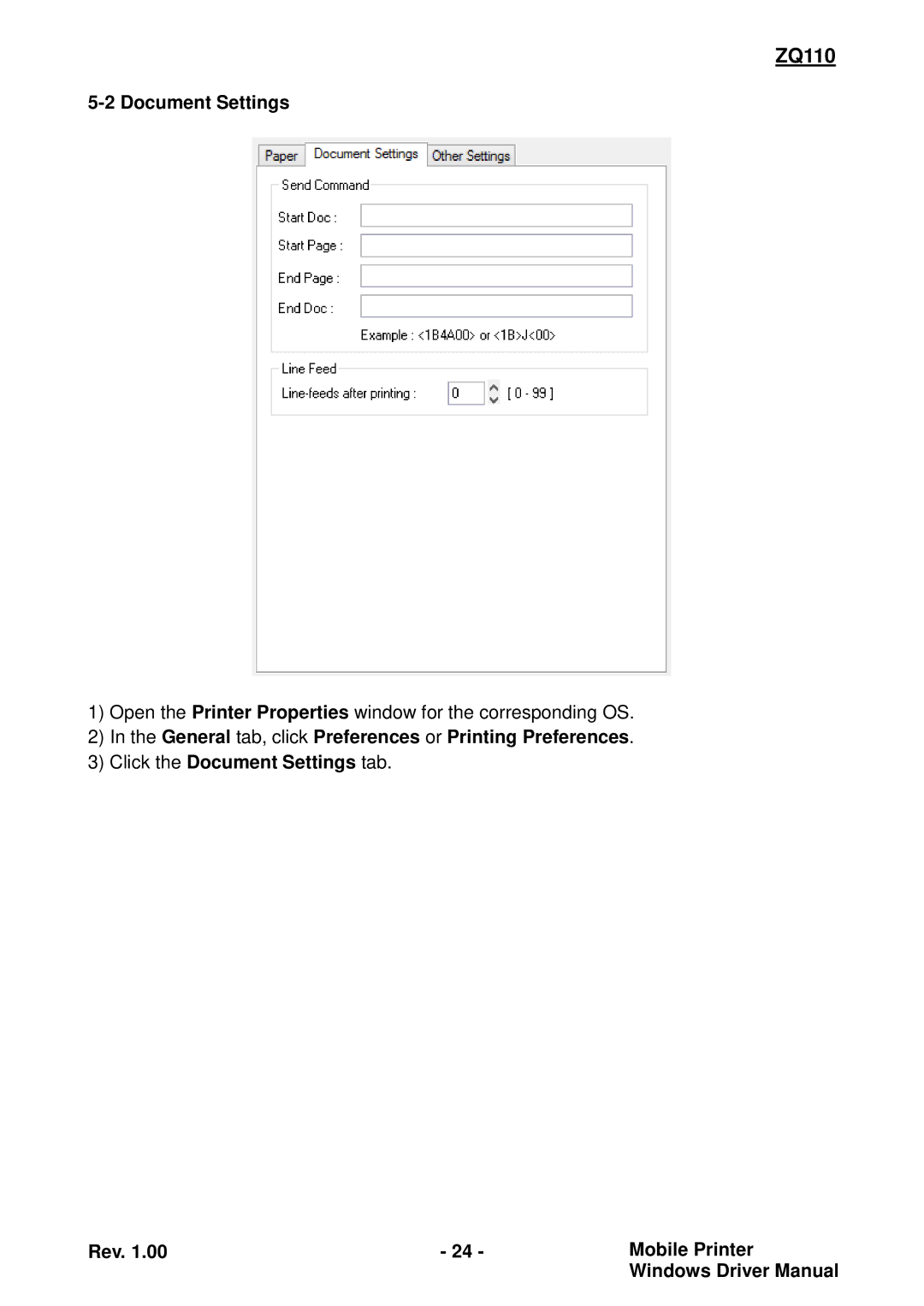 Zebra Technologies ZQ110 manual Document Settings 