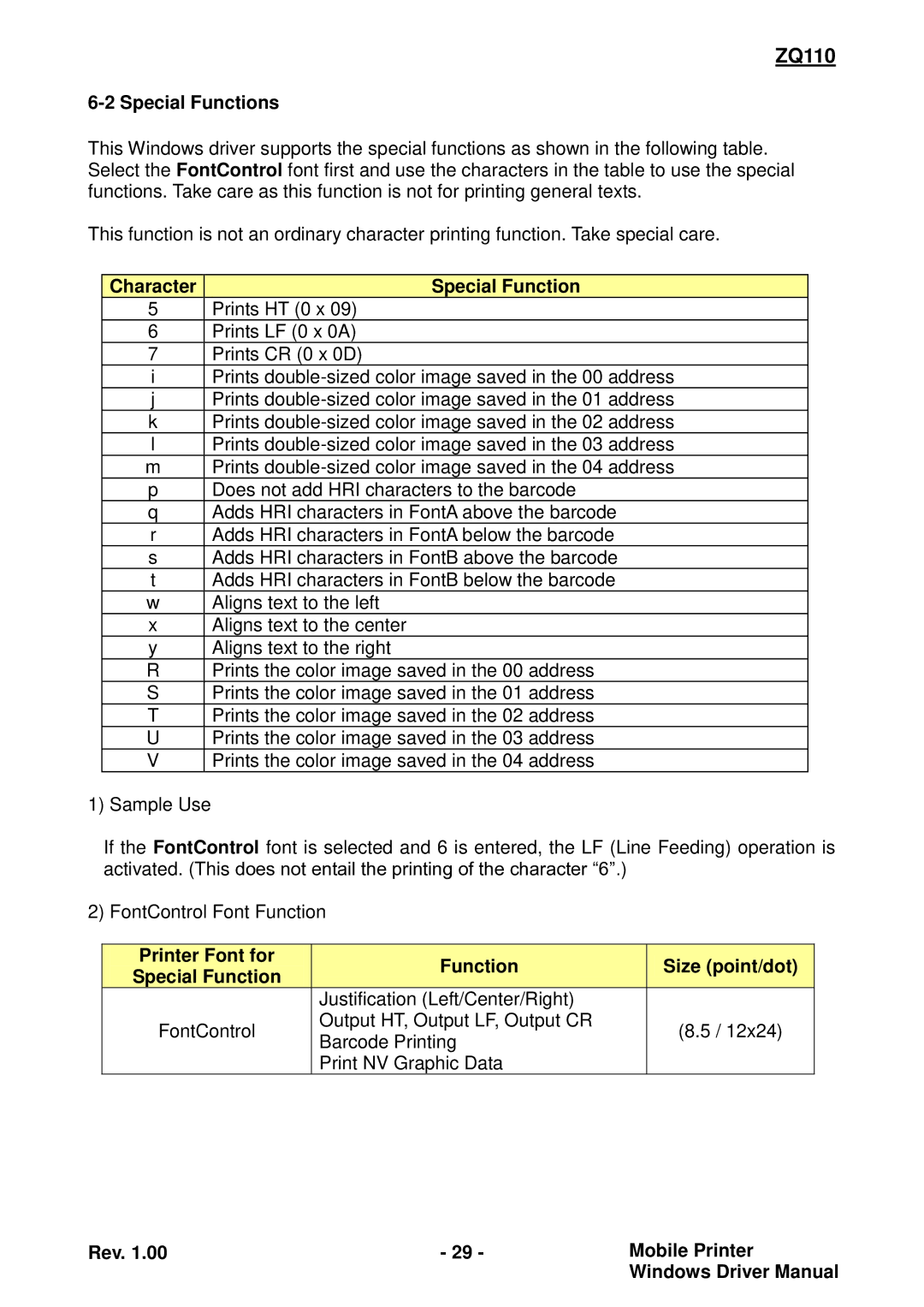 Zebra Technologies ZQ110 manual Special Functions, Character Special Function 