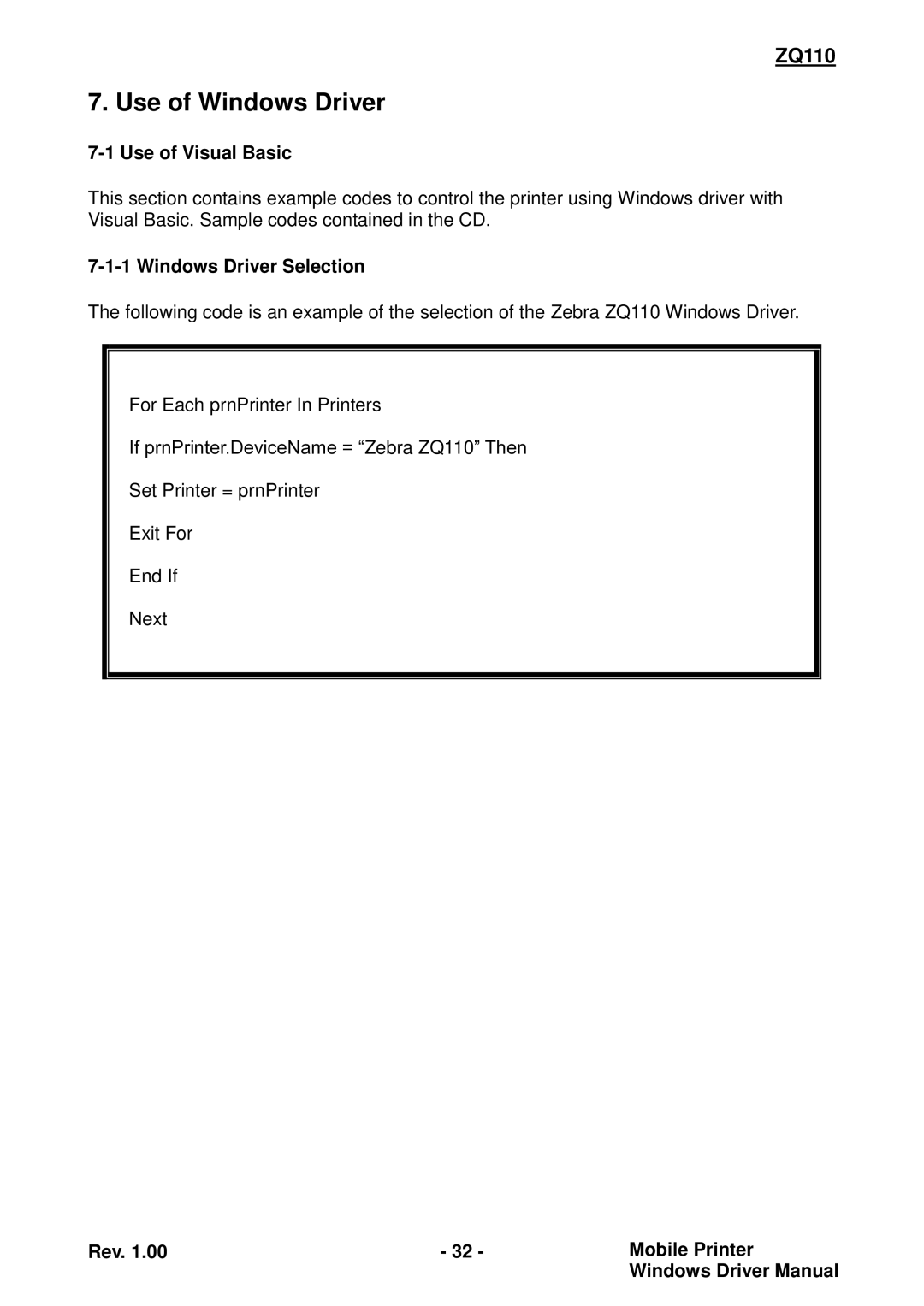 Zebra Technologies ZQ110 manual Use of Windows Driver, Use of Visual Basic, Windows Driver Selection 