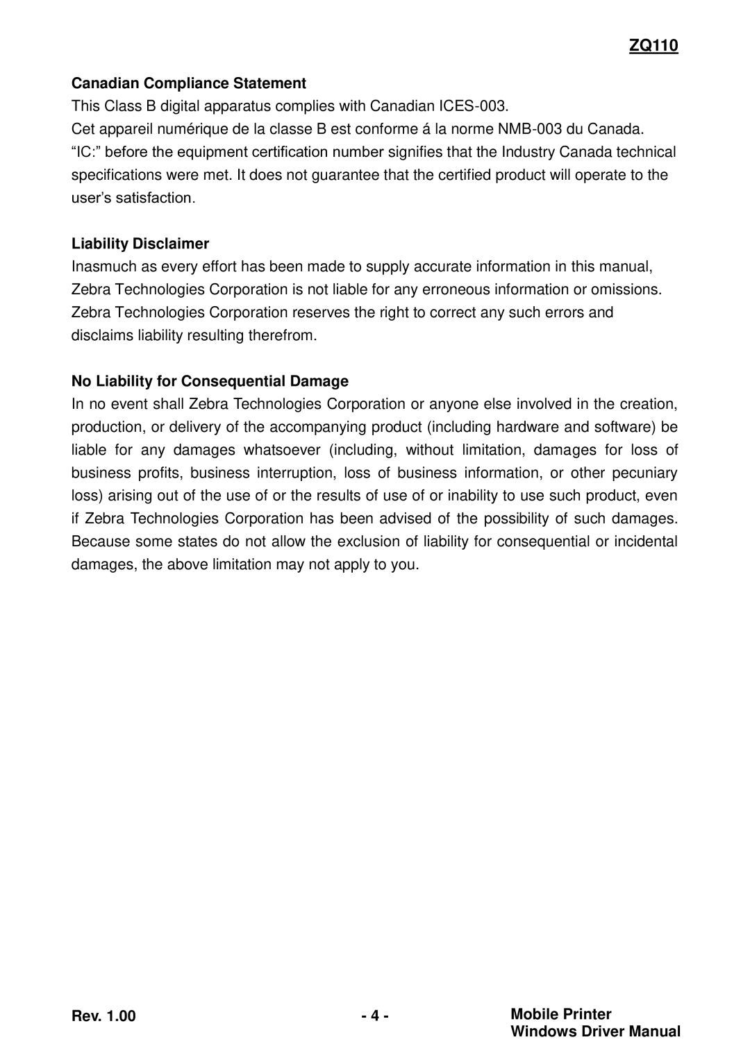 Zebra Technologies ZQ110 manual Canadian Compliance Statement, Liability Disclaimer, No Liability for Consequential Damage 