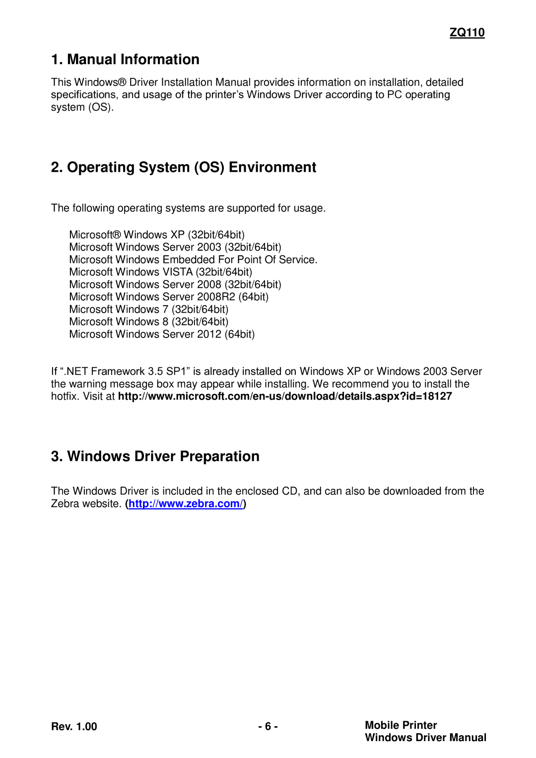 Zebra Technologies ZQ110 manual Manual Information, Operating System OS Environment, Windows Driver Preparation 