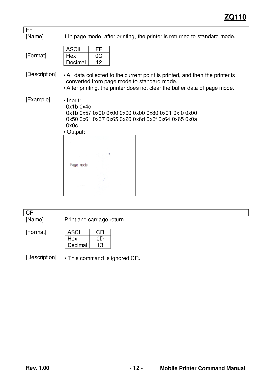 Zebra Technologies ZQ110 manual Hex Decimal Description This command is ignored CR 