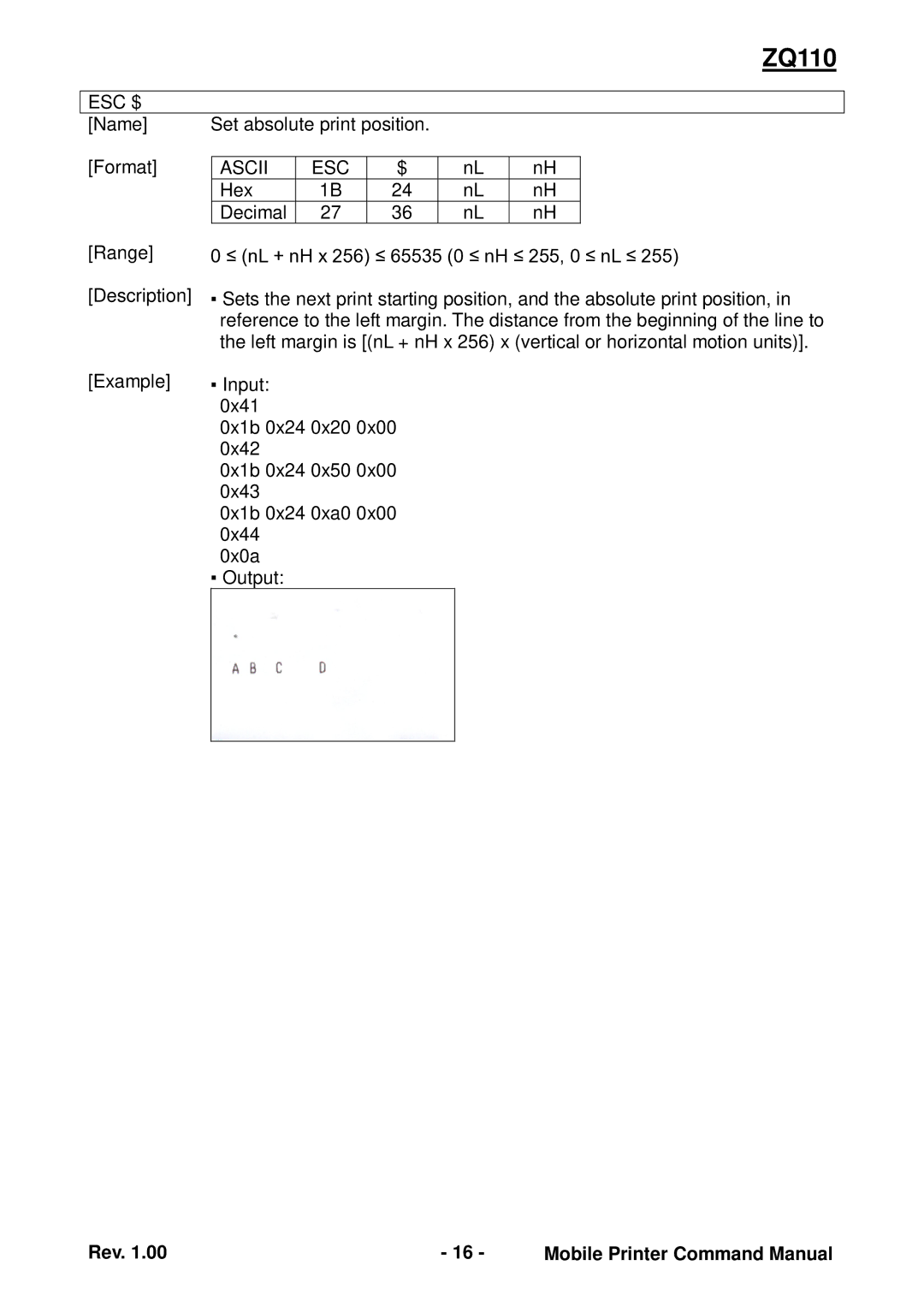 Zebra Technologies ZQ110 manual Esc $ 