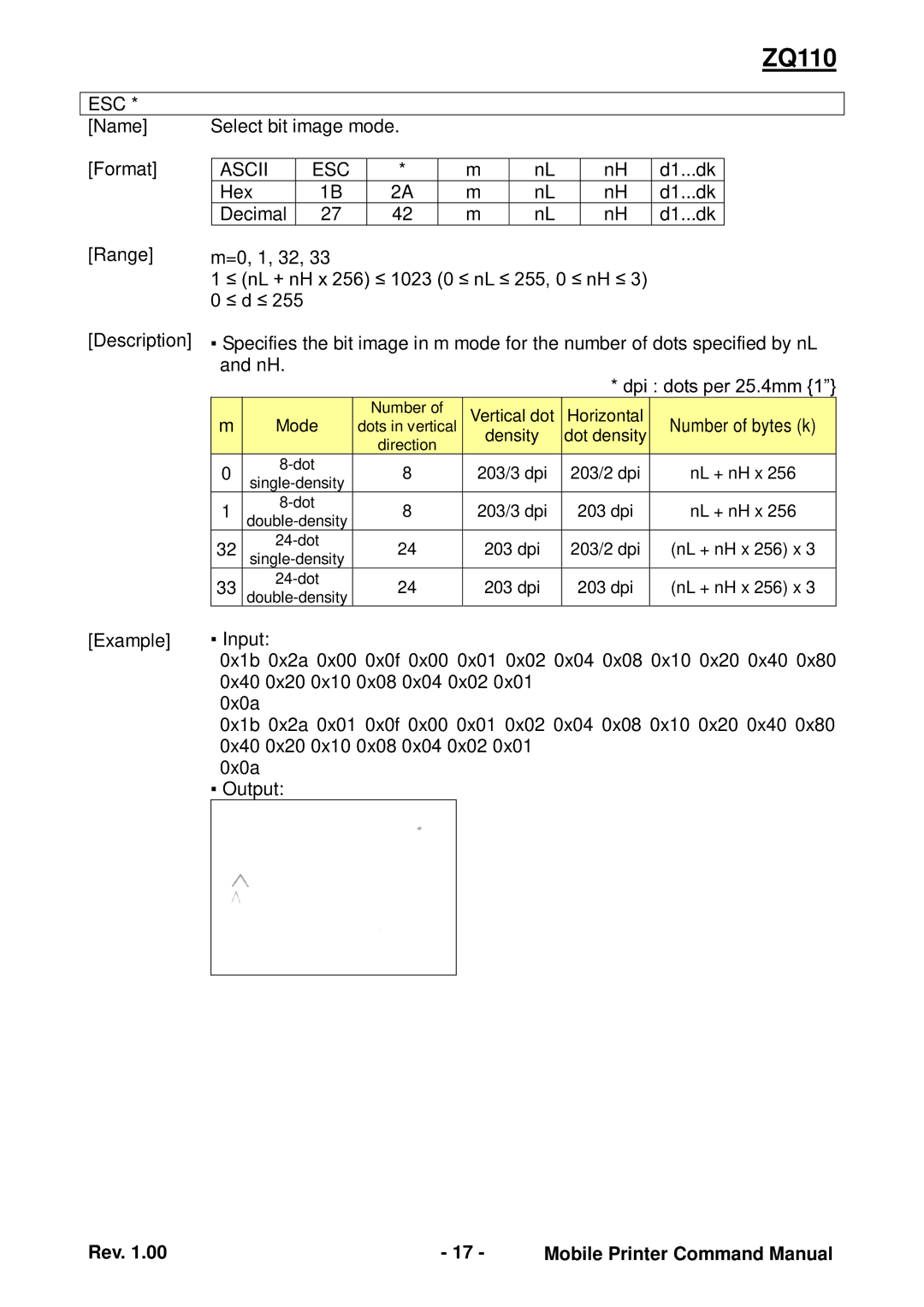 Zebra Technologies ZQ110 manual Name Select bit image mode Format 