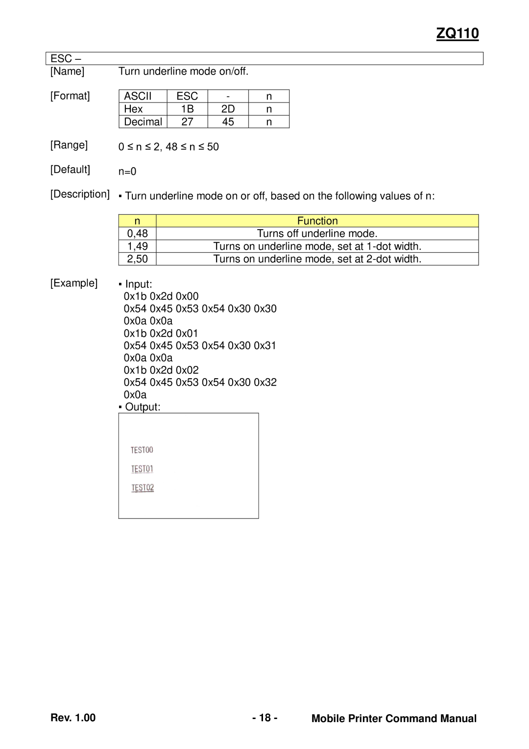 Zebra Technologies ZQ110 manual Name Turn underline mode on/off Format 