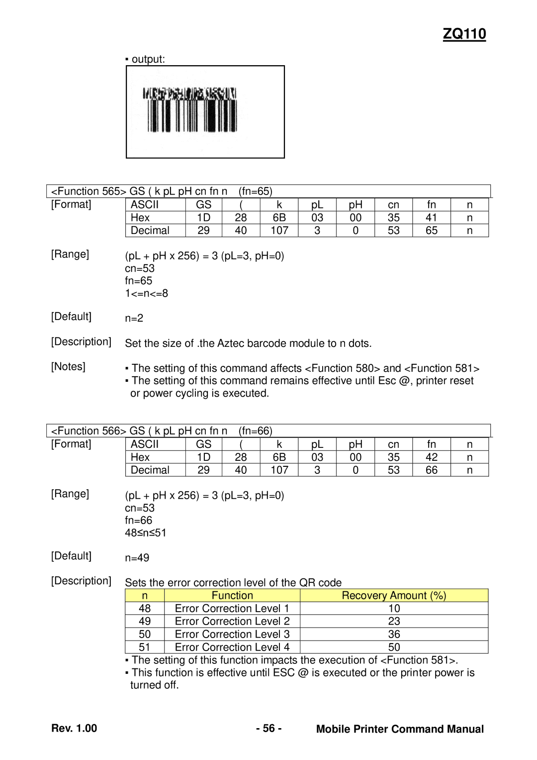 Zebra Technologies ZQ110 manual Output Function 565 GS k pL pH cn fn n Fn=65 Format 