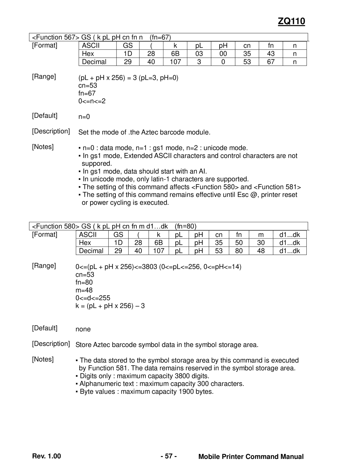 Zebra Technologies ZQ110 manual Function 567 GS k pL pH cn fn n Fn=67 Format 