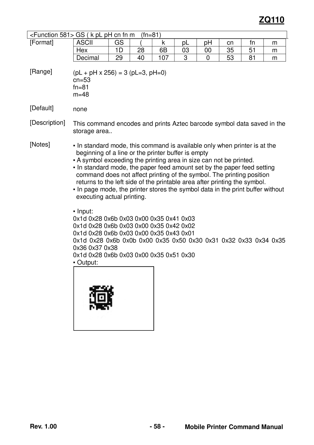 Zebra Technologies ZQ110 manual Function 581 GS k pL pH cn fn m Fn=81 Format 