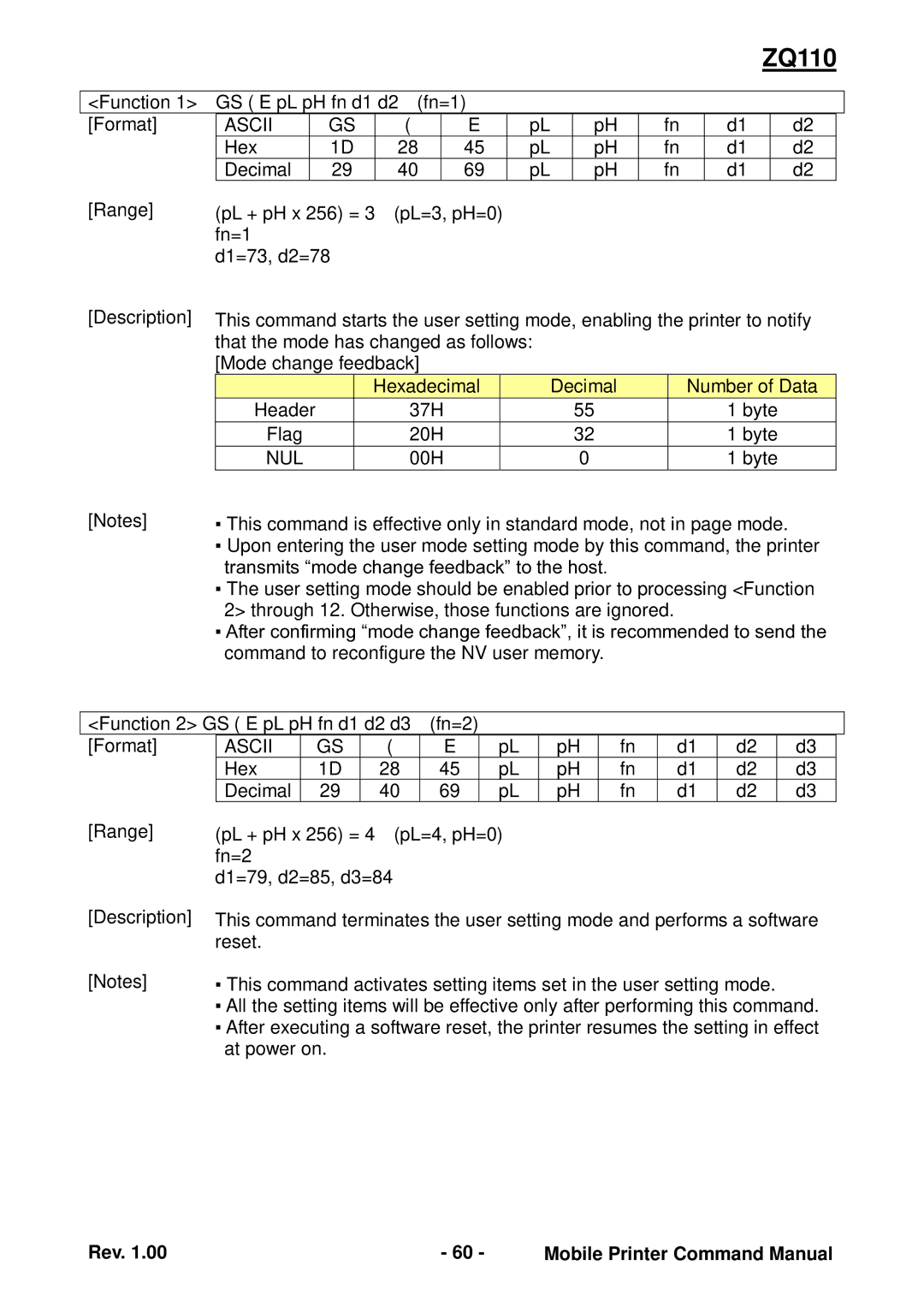 Zebra Technologies ZQ110 manual Function GS E pL pH fn d1 d2 fn=1 Format 