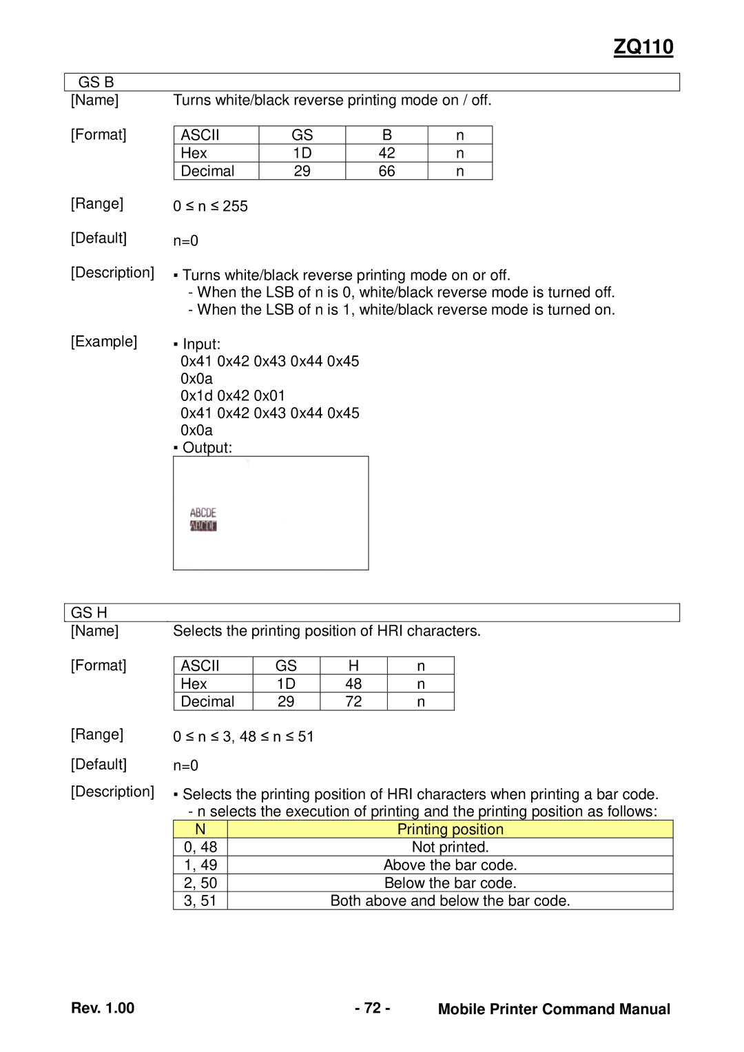 Zebra Technologies ZQ110 manual Name Turns white/black reverse printing mode on / off Format 