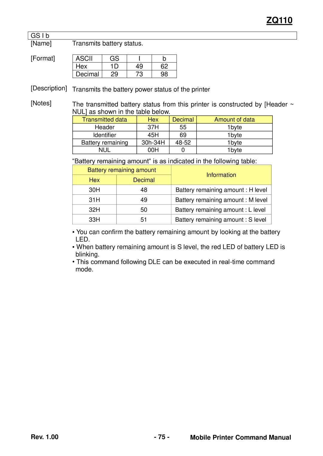 Zebra Technologies ZQ110 manual GS I b Name Transmits battery status Format 