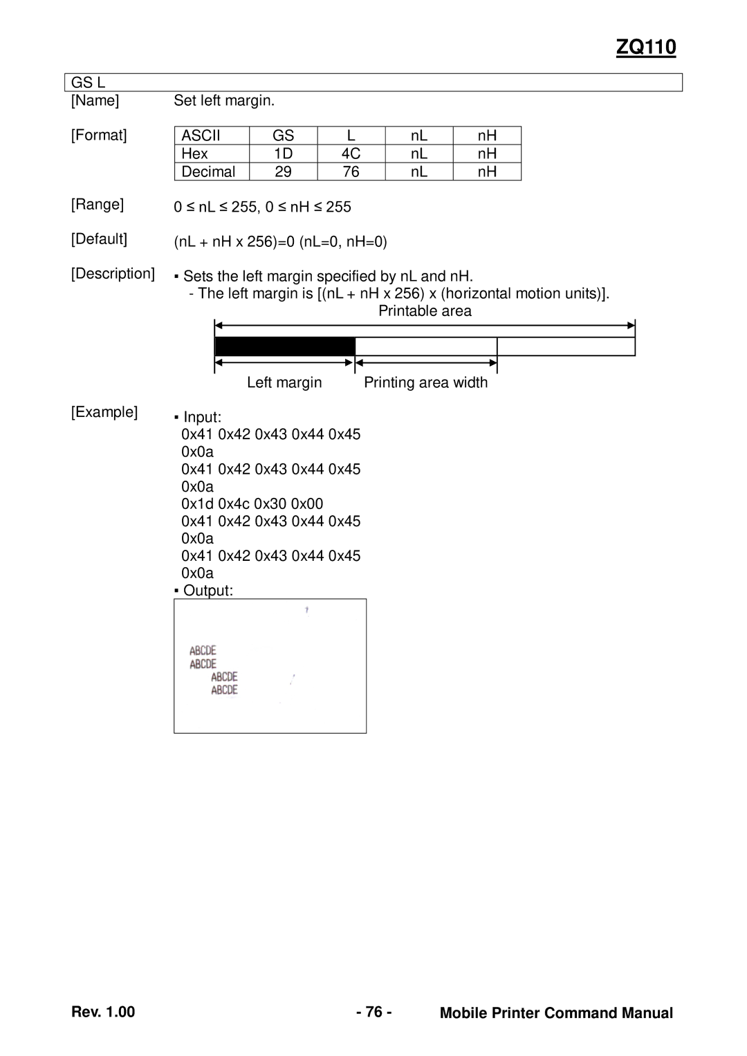 Zebra Technologies ZQ110 manual Name Set left margin Format 