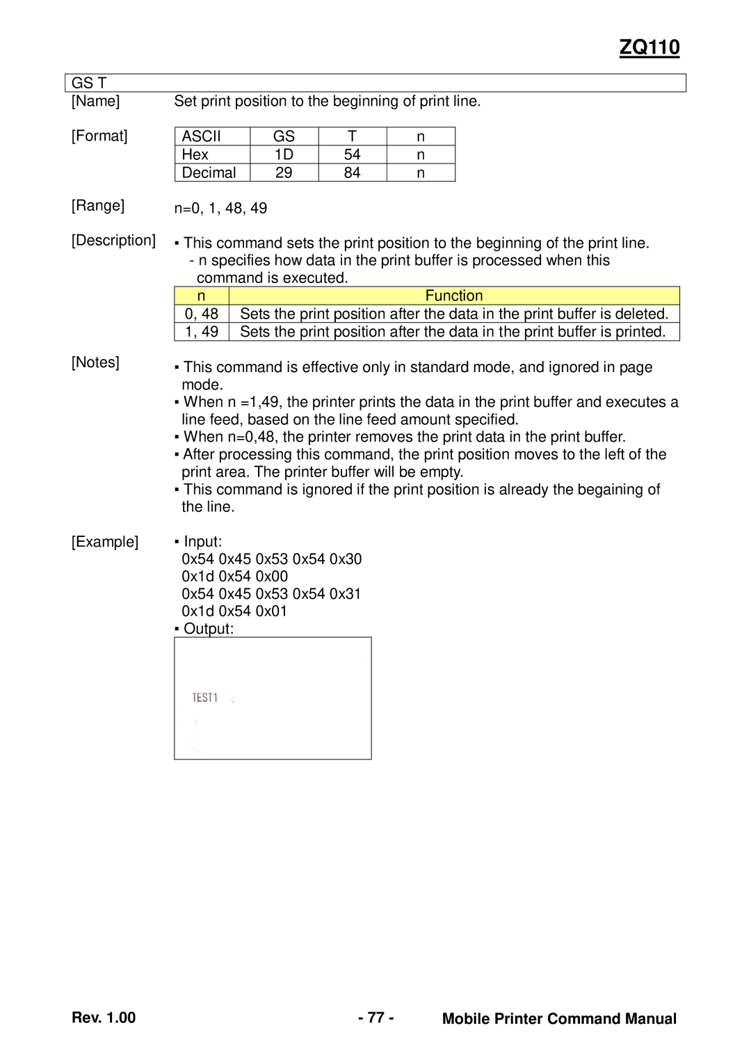 Zebra Technologies ZQ110 manual Gs T 