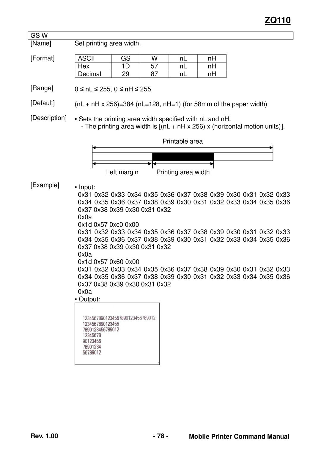 Zebra Technologies ZQ110 manual Name Set printing area width Format 