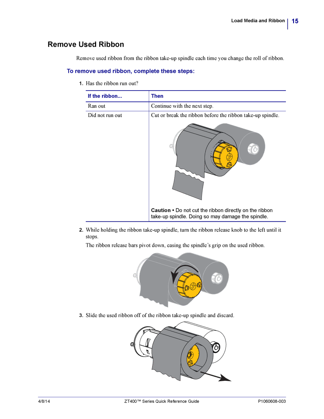 Zebra Technologies ZT400 manual Remove Used Ribbon 