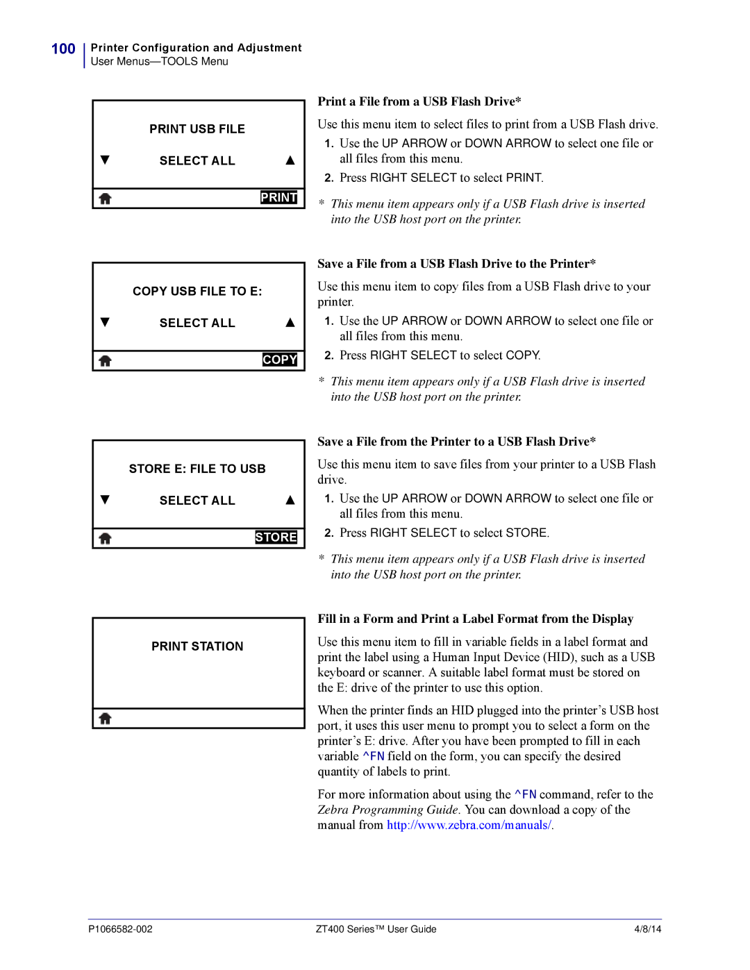 Zebra Technologies ZT400 manual Print a File from a USB Flash Drive, Save a File from a USB Flash Drive to the Printer 