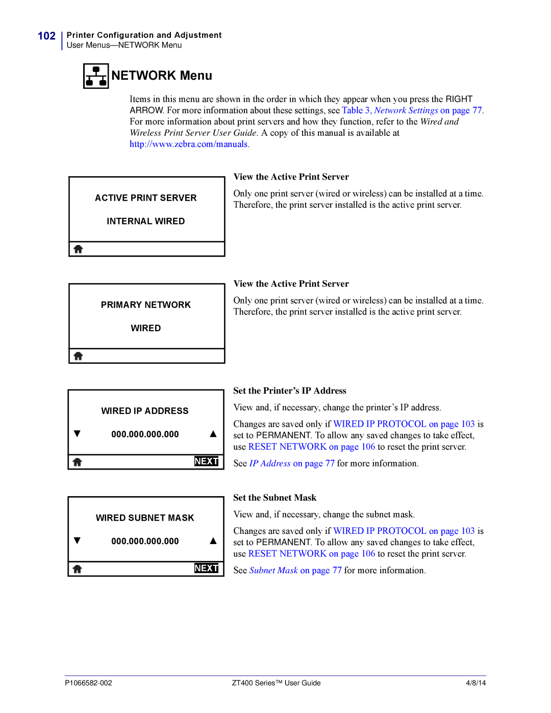 Zebra Technologies ZT400 manual Network Menu, 102, View the Active Print Server, Set the Printer’s IP Address 