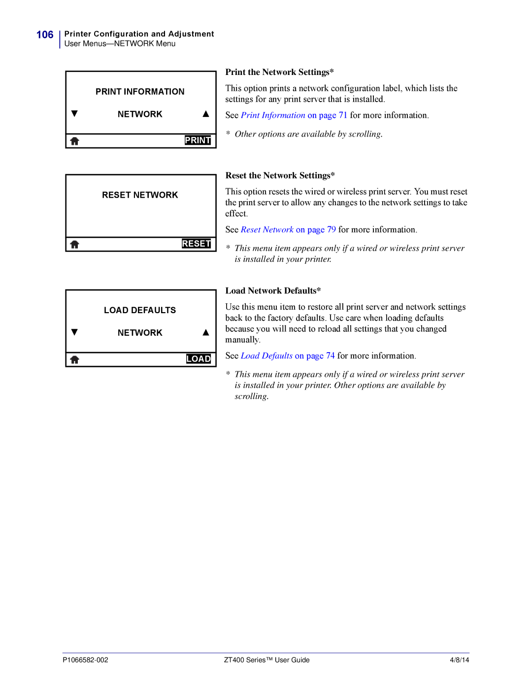 Zebra Technologies ZT400 manual 106, Print the Network Settings, Reset the Network Settings, Load Network Defaults 