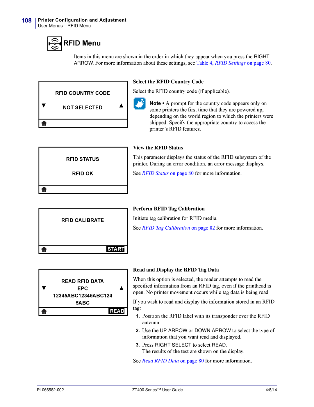 Zebra Technologies ZT400 manual Rfid Menu, 108 