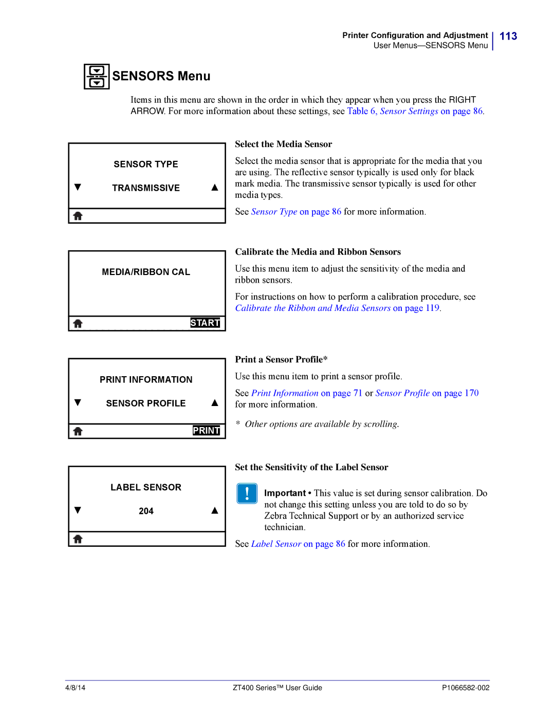 Zebra Technologies ZT400 manual Sensors Menu, 113, Select the Media Sensor, Print a Sensor Profile 