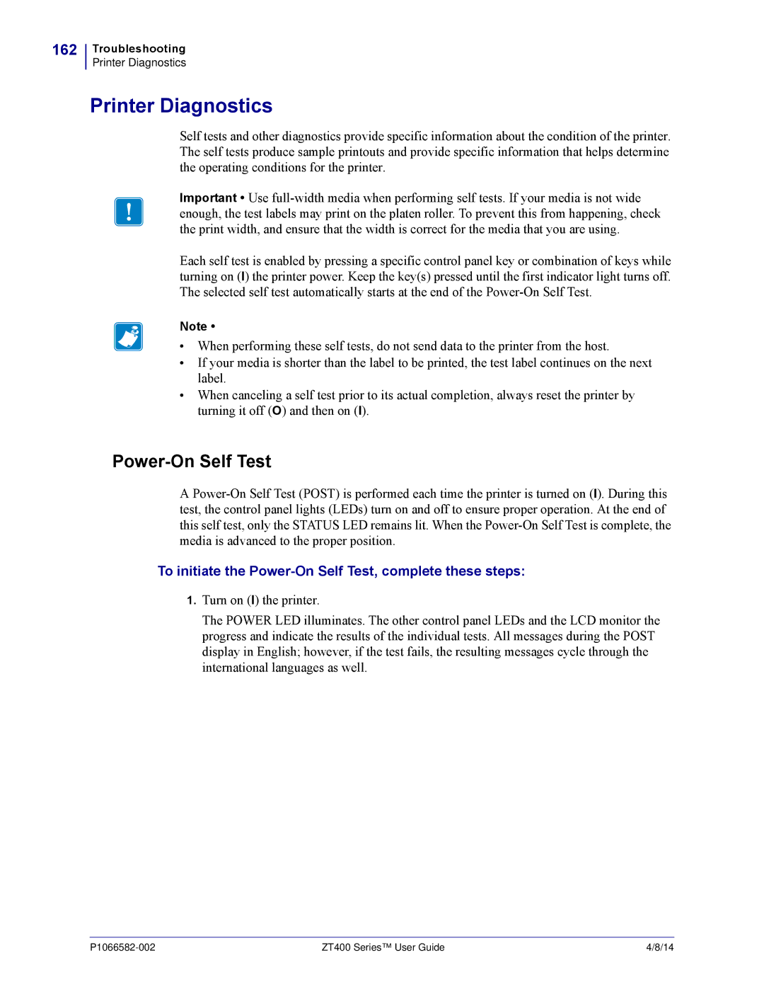 Zebra Technologies ZT400 manual Printer Diagnostics, Power-On Self Test, 162 