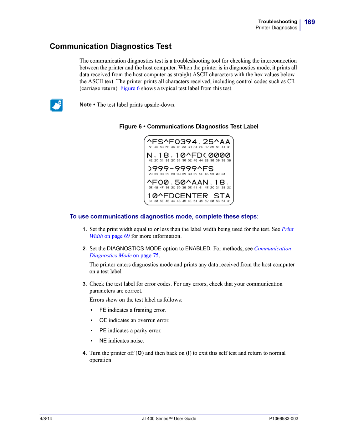 Zebra Technologies ZT400 manual Communication Diagnostics Test, 169 