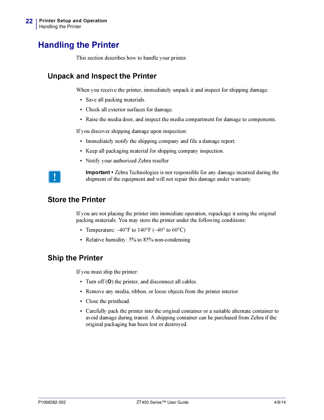 Zebra Technologies ZT400 manual Handling the Printer, Unpack and Inspect the Printer, Store the Printer, Ship the Printer 