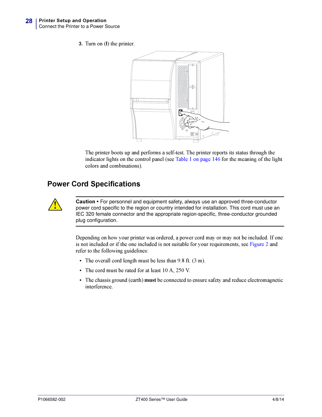 Zebra Technologies ZT400 manual Power Cord Specifications 