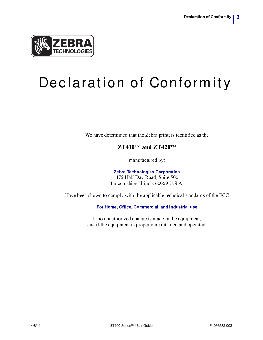 Zebra Technologies ZT400 manual Declaration of Conformity 