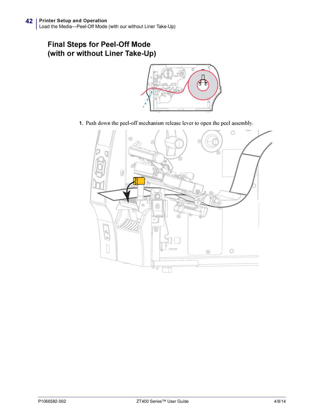 Zebra Technologies ZT400 manual Final Steps for Peel-Off Mode with or without Liner Take-Up 