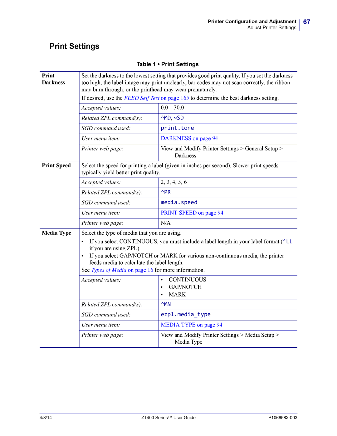 Zebra Technologies ZT400 manual Print Settings, Md, ~Sd, Print.tone, Media.speed 