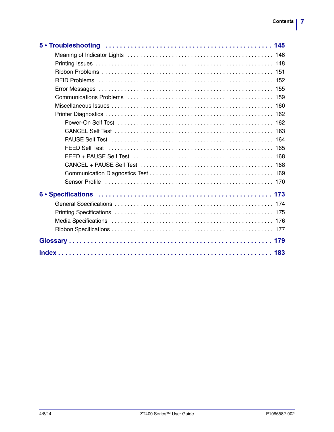 Zebra Technologies ZT400 manual Troubleshooting 145, Specifications 173, Glossary Index 