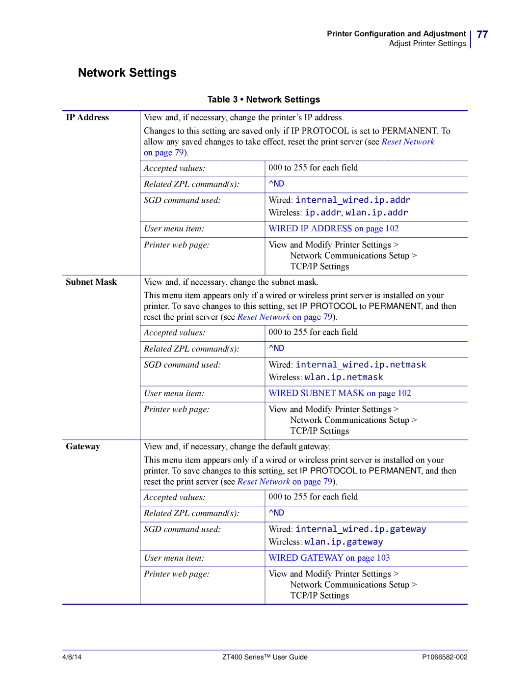 Zebra Technologies ZT400 manual Network Settings 