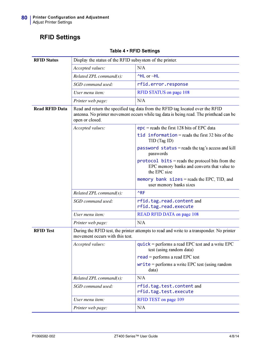 Zebra Technologies ZT400 manual Rfid Settings 