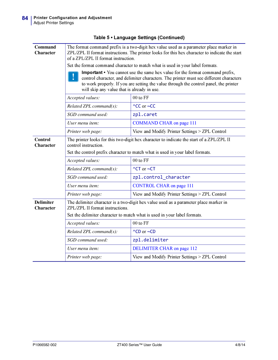 Zebra Technologies ZT400 manual Command Char on, Control Char on, Delimiter Char on 