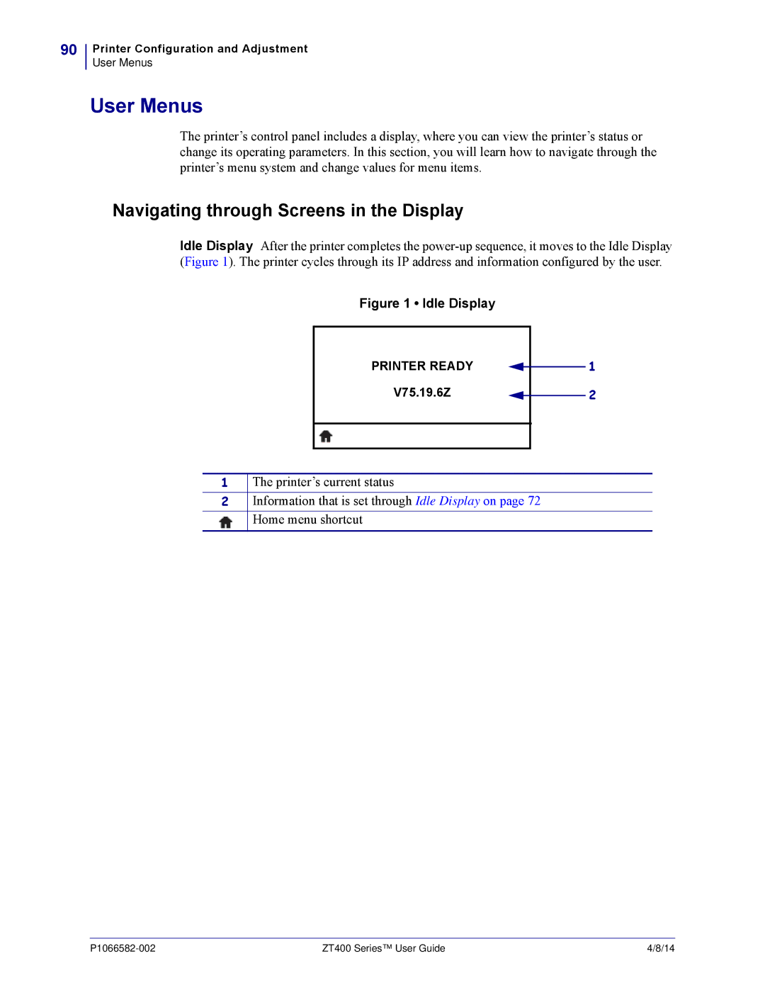 Zebra Technologies ZT400 manual User Menus, Navigating through Screens in the Display 