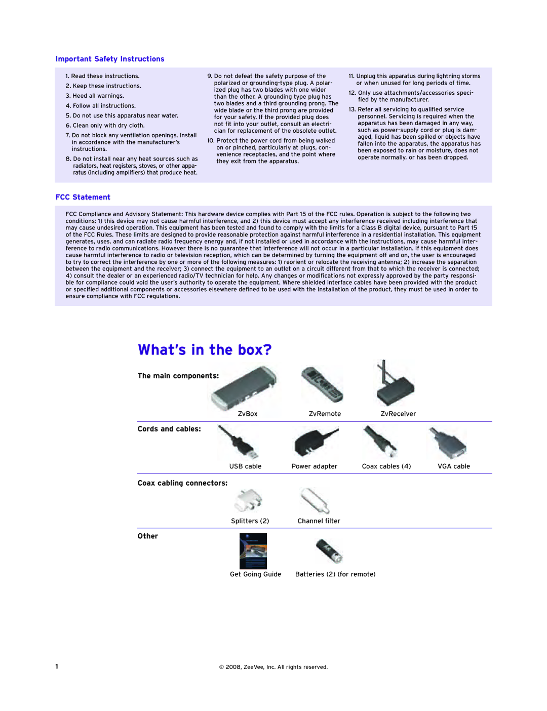 ZeeVee Zv-100 manual What’s in the box?, Important Safety Instructions, FCC Statement 