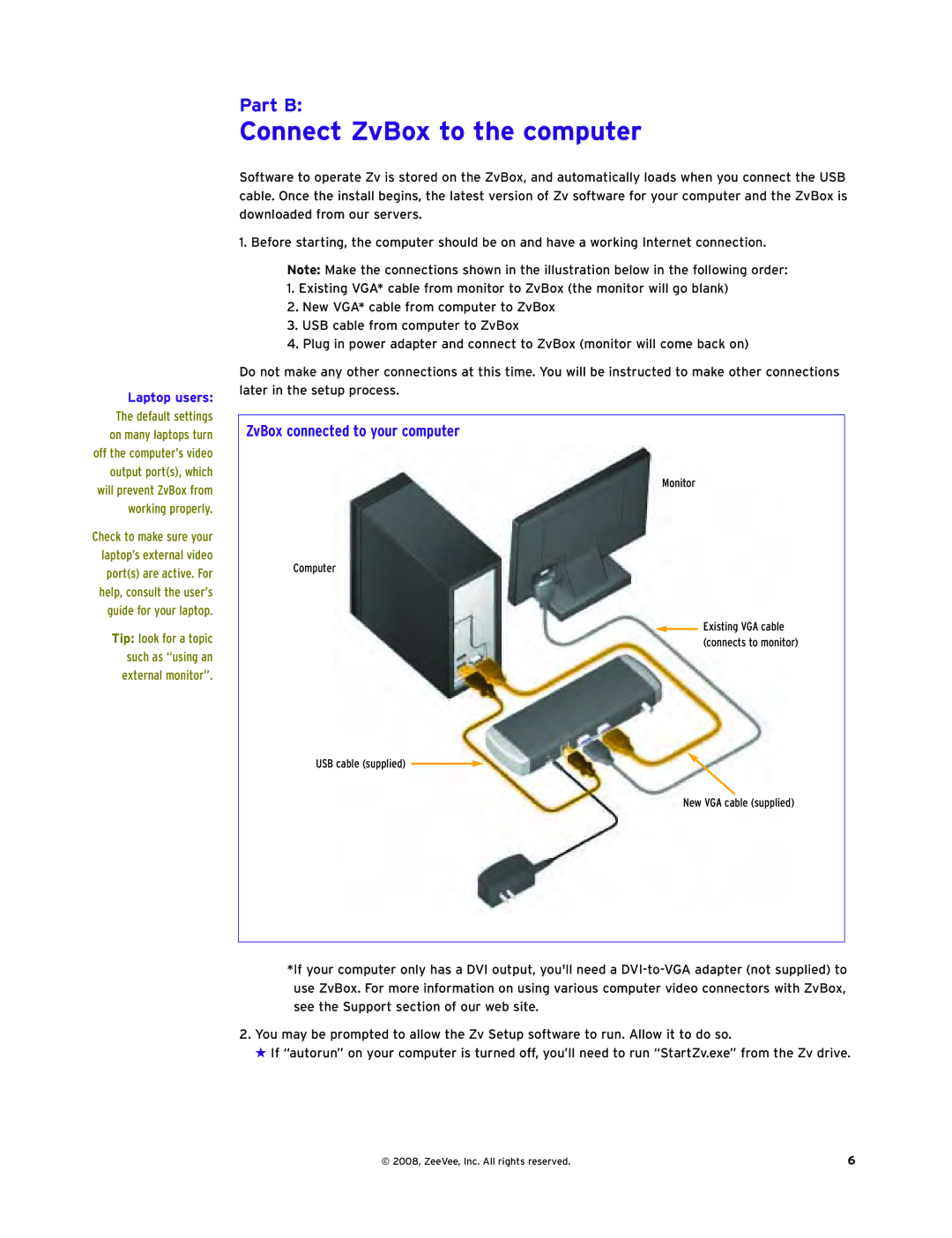 ZeeVee Zv-100 manual Connect ZvBox to the computer, Part B, Laptop users 