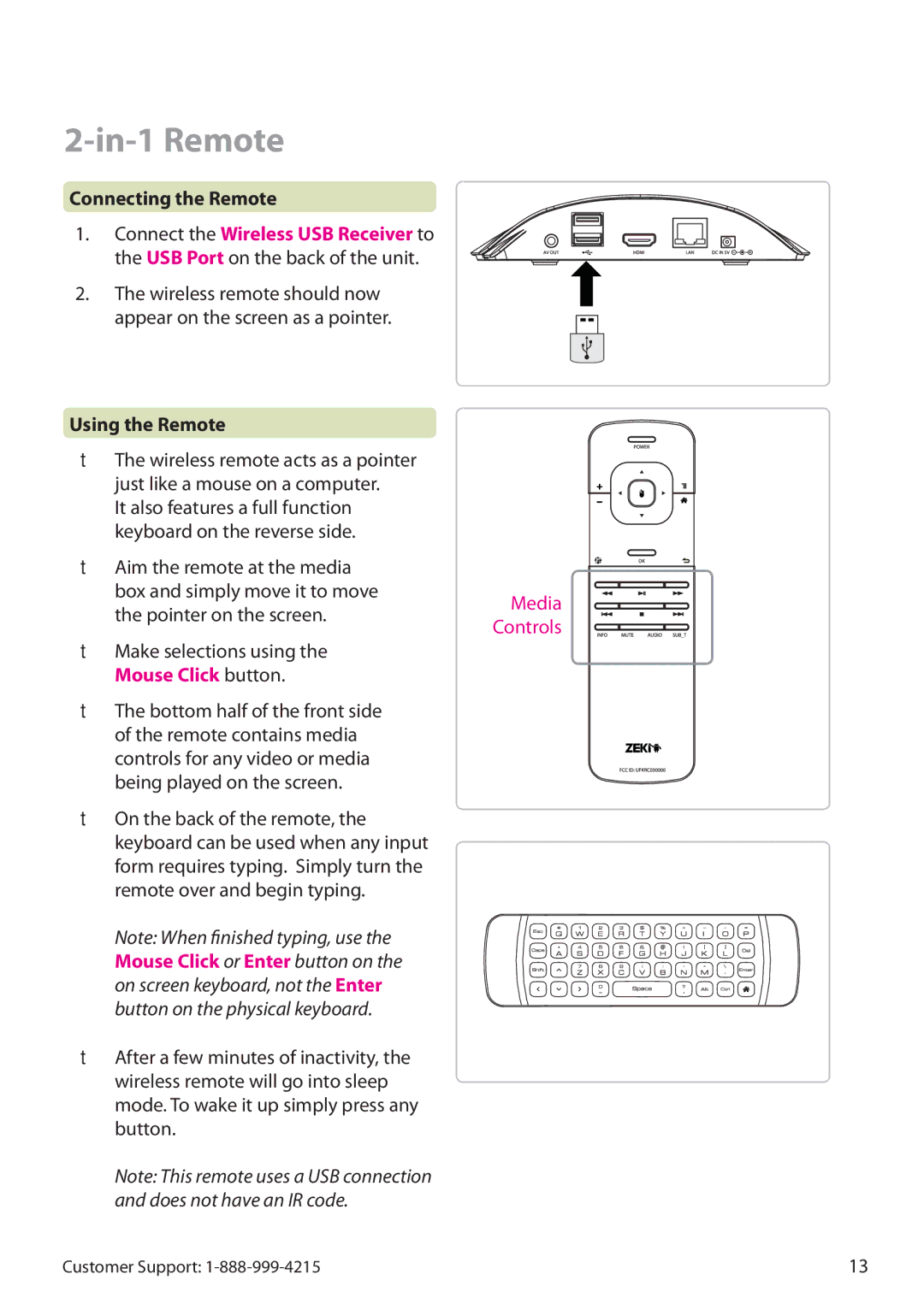 Zeki TAB803B manual In-1 Remote, Connecting the Remote, Using the Remote, Make selections using the Mouse Click button 